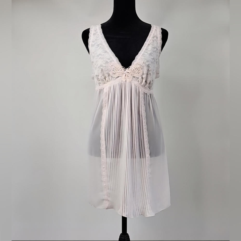 In Bloom Sexy Sheer Pink Babydoll Nightie Gown w Lace & Pleats‎ Empire Waist Y2K
